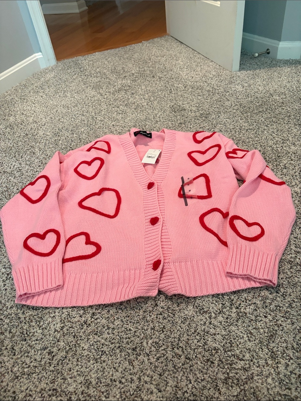 Pink Heart-Print V-Neck Cardigan Sweater